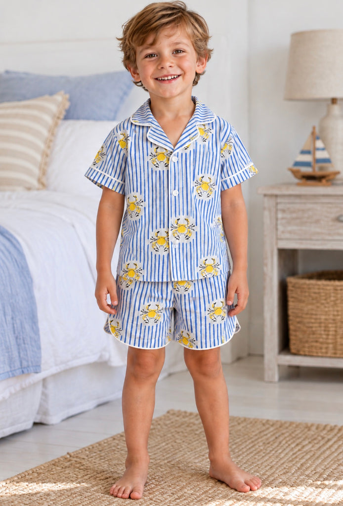 Crab Pyjamas  Blue Stripe Yellow Crab - Love Sam