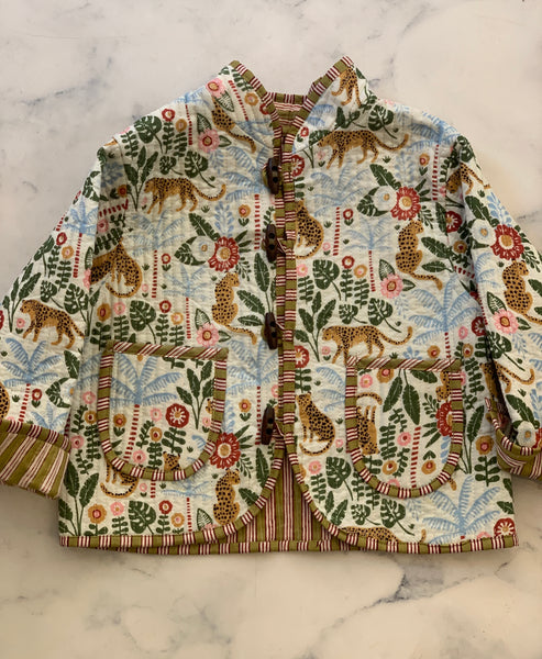 Quilted Jacket Blue Leopard with green striped  reverse  side - Love Sam