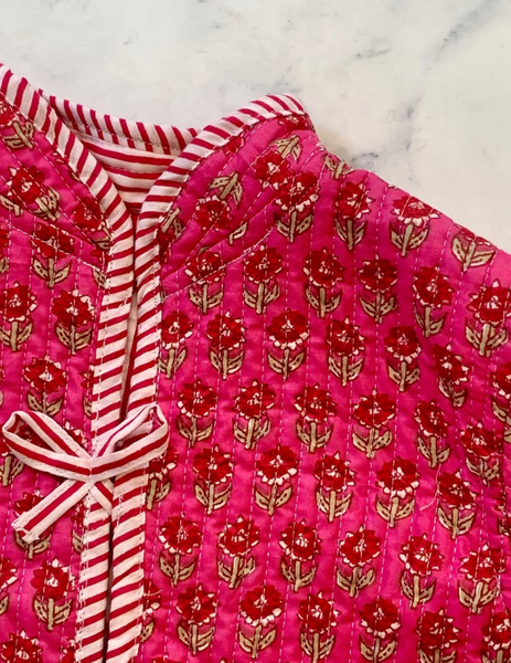 Quilted Jacket Pink Floral Block print with pink stripe reverse - Love Sam