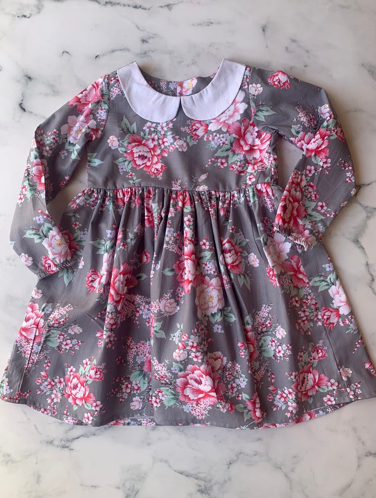 Grey and Pink Floral with white Peter Pan collar - Love Sam